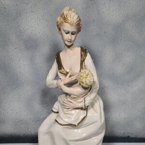 Vintage Capodimonte G. Cortese Mother & Baby Figurine on Wood Base 13.5"